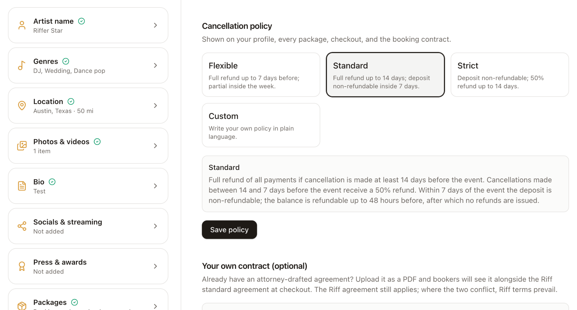 Riff profile editor — Cancellation policy